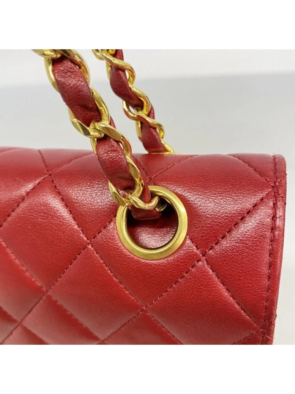 Chanel Shoulder Bag Quilted Lambskin Red Gold